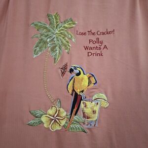 Luau Shirt Mens XL Coral Herringbome Embroidered Parrot Polly wants a Drink